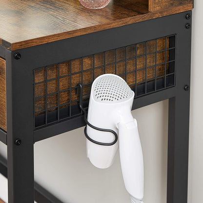 Dressing Table: Rustic Brown and Black Vanity Table with Upholstered Stool Set