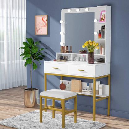 Dressing Table Storage Shelves for Bedroom, Gold Vanity Desk for Women Girls (White) 