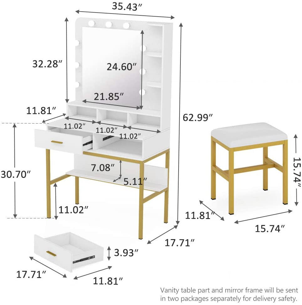 Dressing Table Storage Shelves for Bedroom, Gold Vanity Desk for Women Girls (White) 