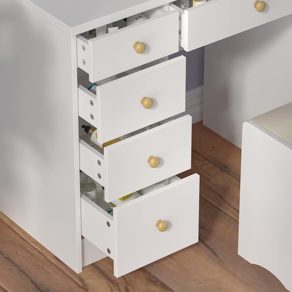 Dressing Table: White Dressing Table with 5 Drawers & Lighted Mirror