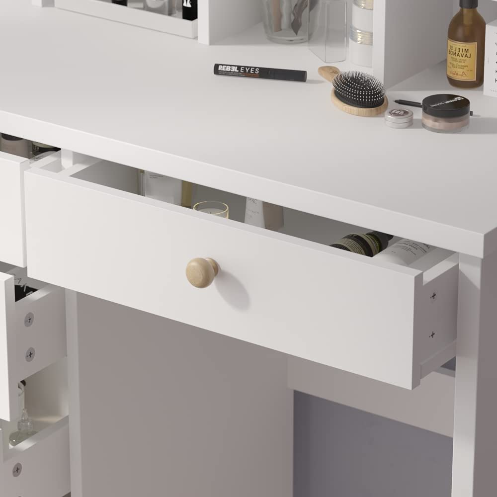 Dressing Table: White Dressing Table with 5 Drawers & Lighted Mirror