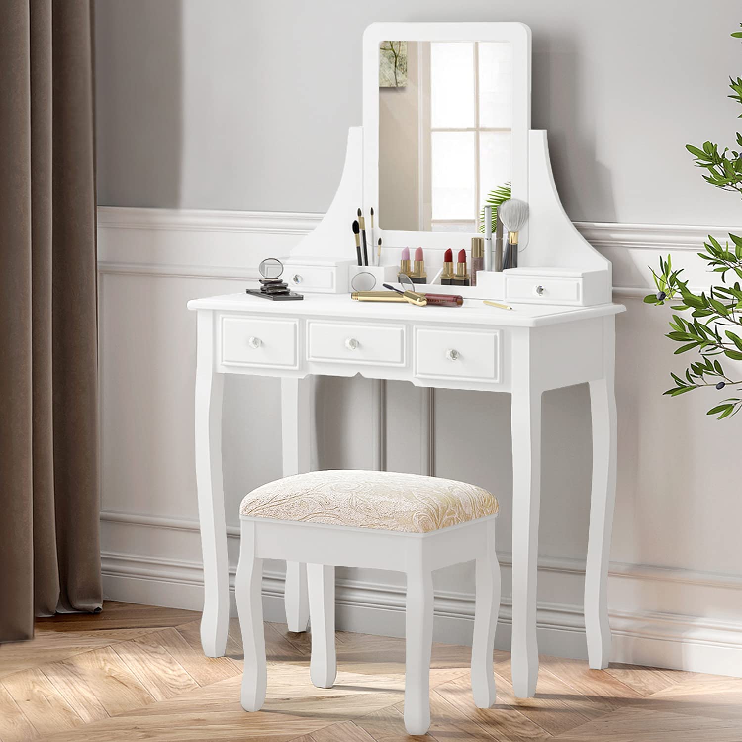 Dressing Table: White Dressing Table with 5 Storage Drawers and Mirror