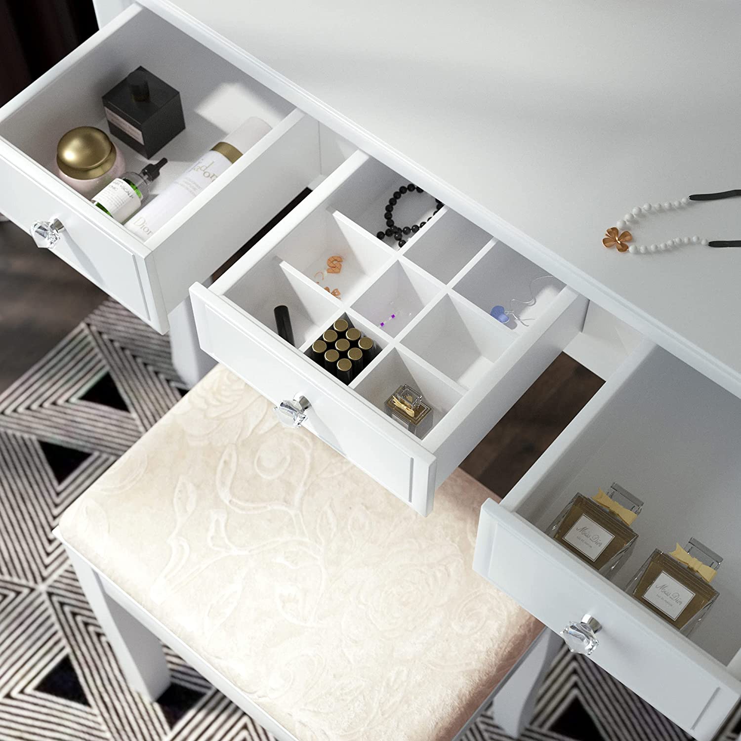 dressing drawer design FUFU&GAGA 39.4 in. W White LED Dimmable Mirror Dresser Dressing Table with 5-Drawers, Stool and Storage Shelves KF210141-01-KPL