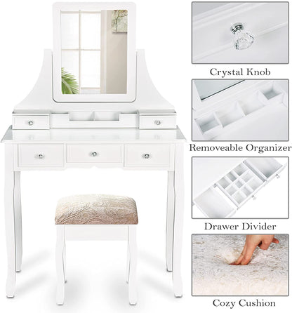 Dressing Table: White Dressing Table with 5 Storage Drawers and Mirror