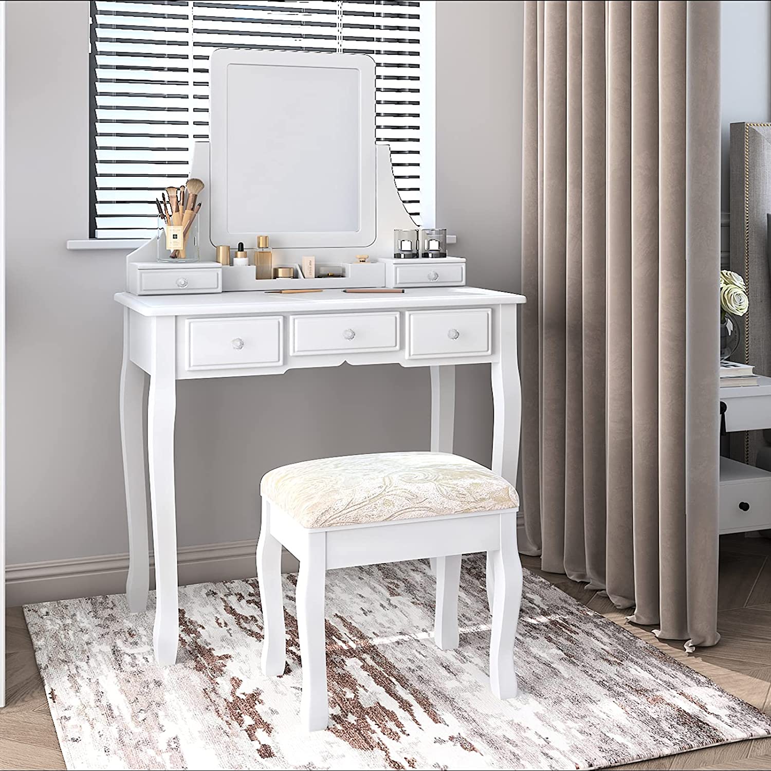 Dressing Table: White Dressing Table with 5 Storage Drawers and Mirror