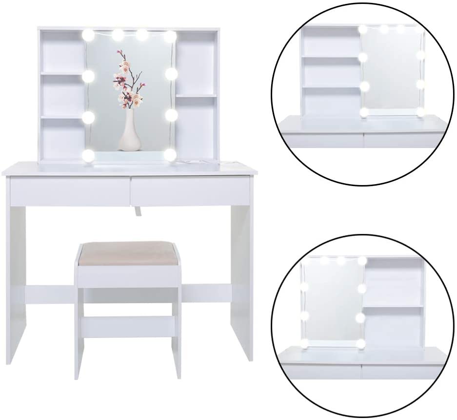Dressing Table: White Dressing Table with Mirror & 10 Light Bulbs