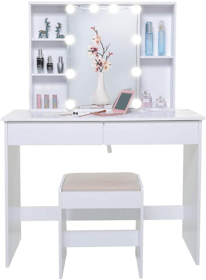 Dressing Table: White Dressing Table with Mirror & 10 Light Bulbs
