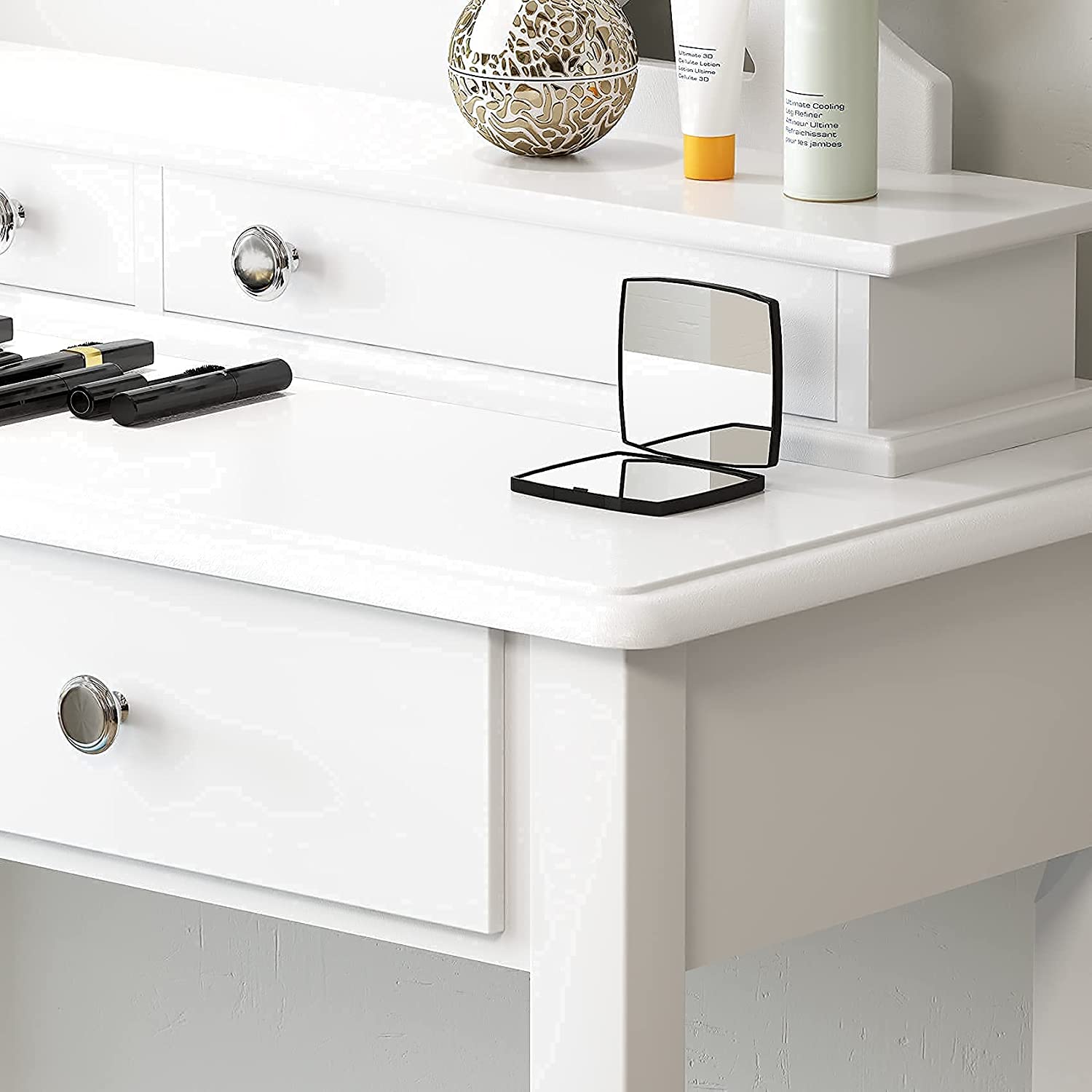 Dressing Table: White Vanity Desk with 360° Rotating Oval Mirror 