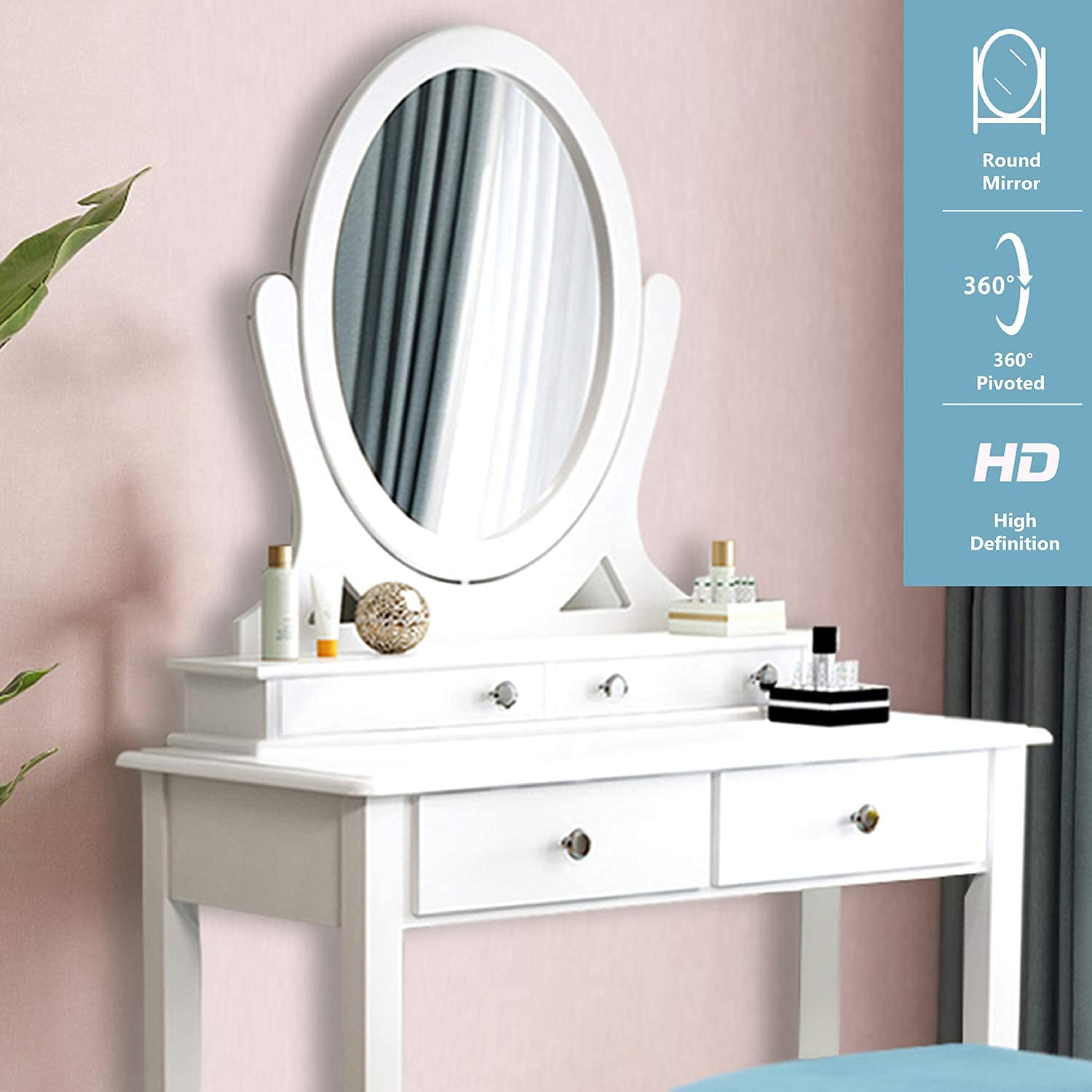 Dressing Table: White Vanity Desk with 360° Rotating Oval Mirror 