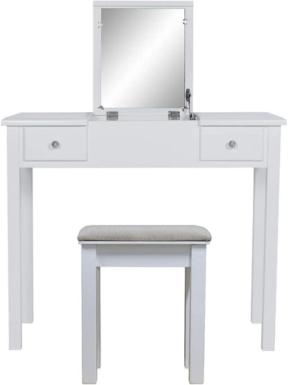 Dressing Table: White Vanity Desk with Flip Top Mirror
