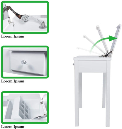 Dressing Table: White Vanity Desk with Flip Top Mirror