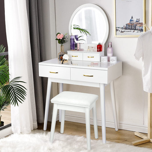 Dressing Table: White Vanity Desk with Lighted Mirror