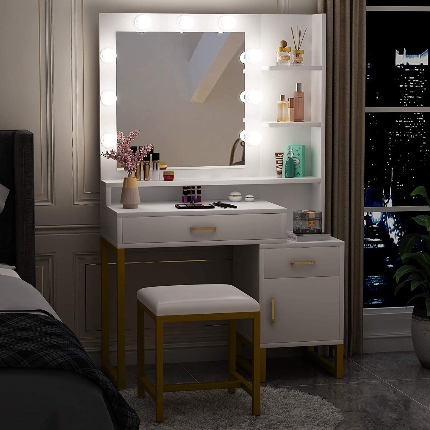 Dressing Table: White and Gold Vanity Set with Lighted Mirror & Stool