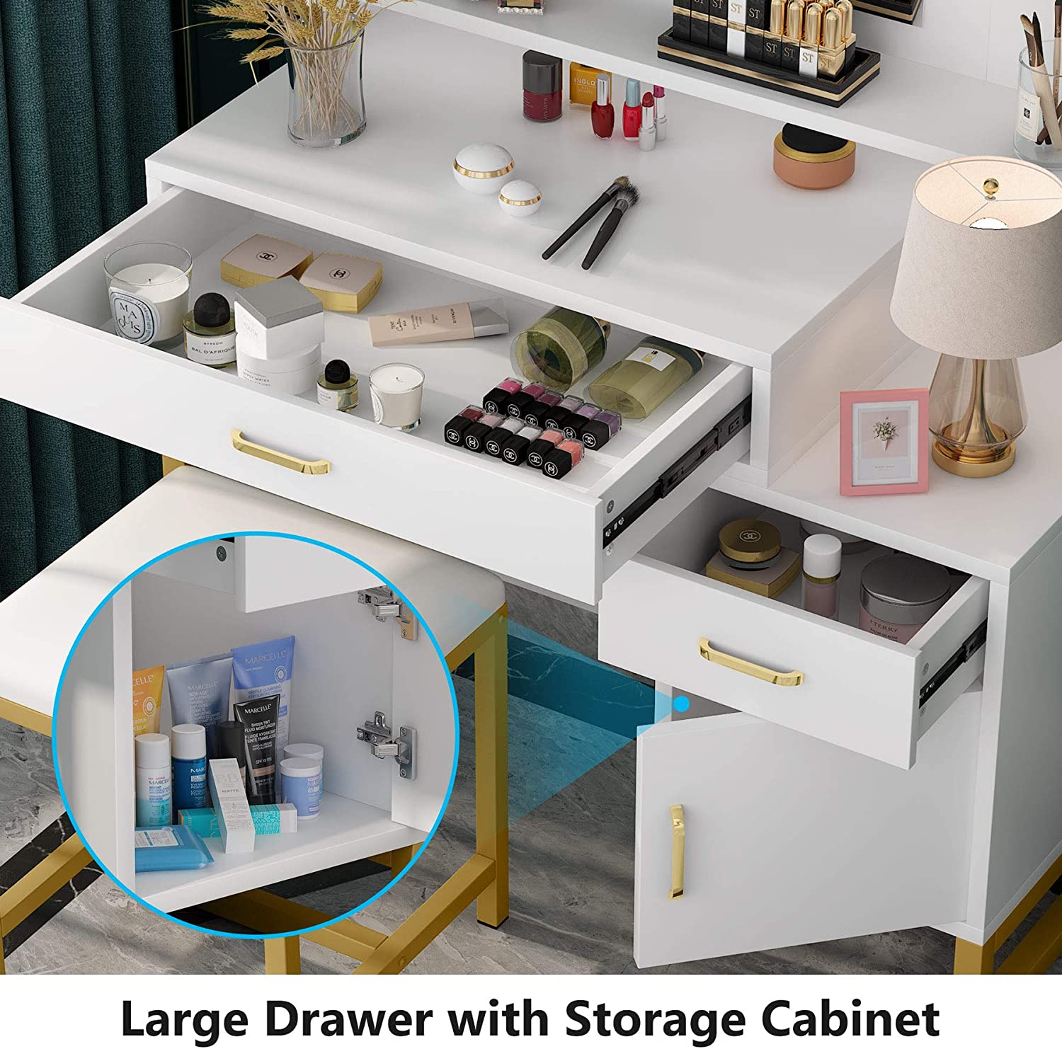 Dressing Table: Gold and White Vanity Set with Lighted Mirror & Stool Studio GKW Dressing Table: Gold and White Vanity Set with Lighted Mirror & Stool Studio GKW