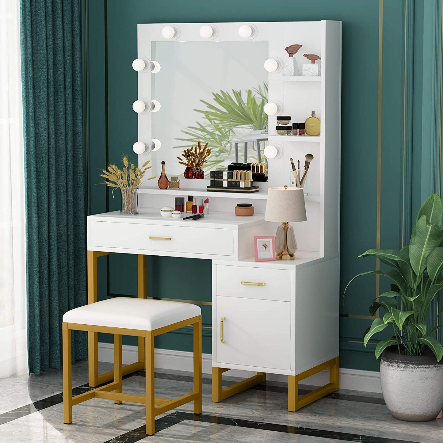 Dressing Table: White and Gold Vanity Set with Lighted Mirror & Stool