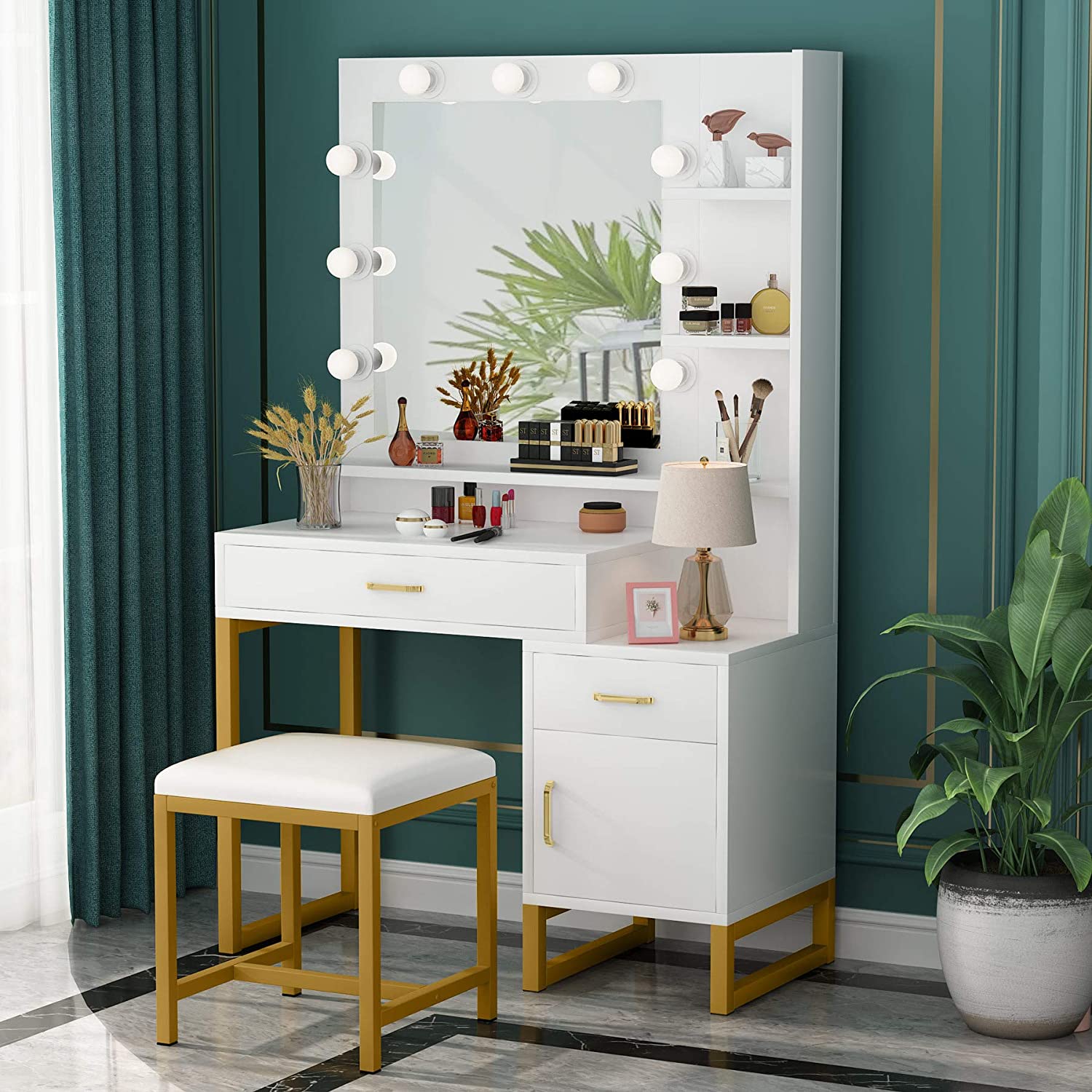 Dressing Table: White and Gold Vanity Set with Lighted Mirror & Stool