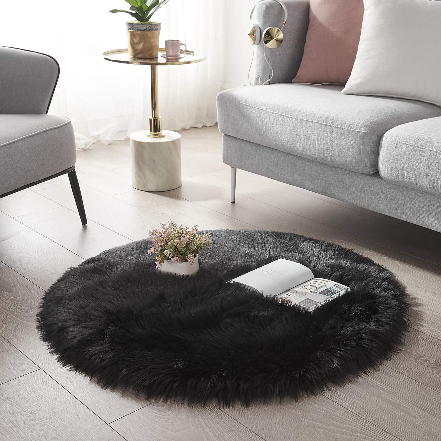 Floor Mats: Circular Carpet for Bedroom Soft Circle Kids Play Mat (30x30, Black)
