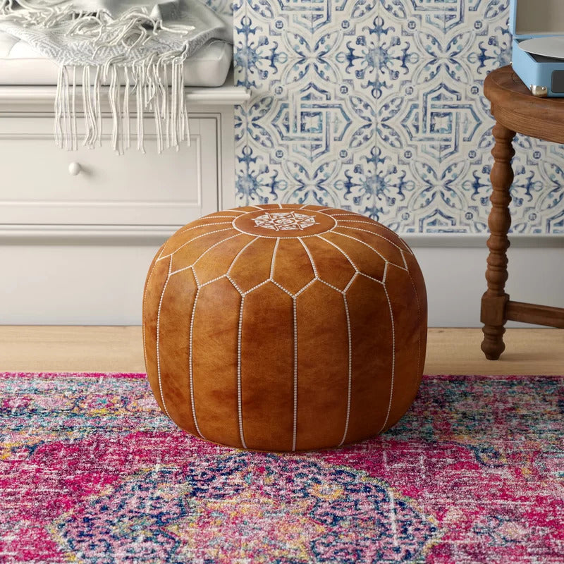 Foot Stool : Genuine Leather Round Pouf Ottoman