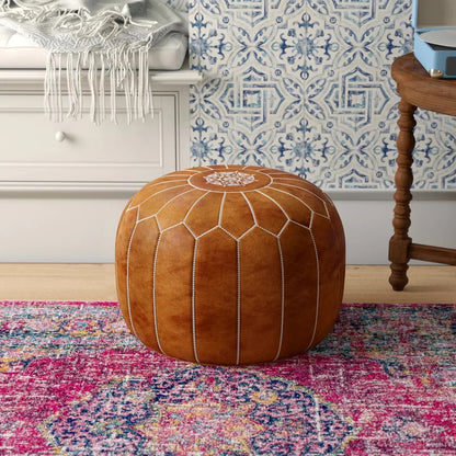Foot Stool : Genuine Leather Round Pouf Ottoman
