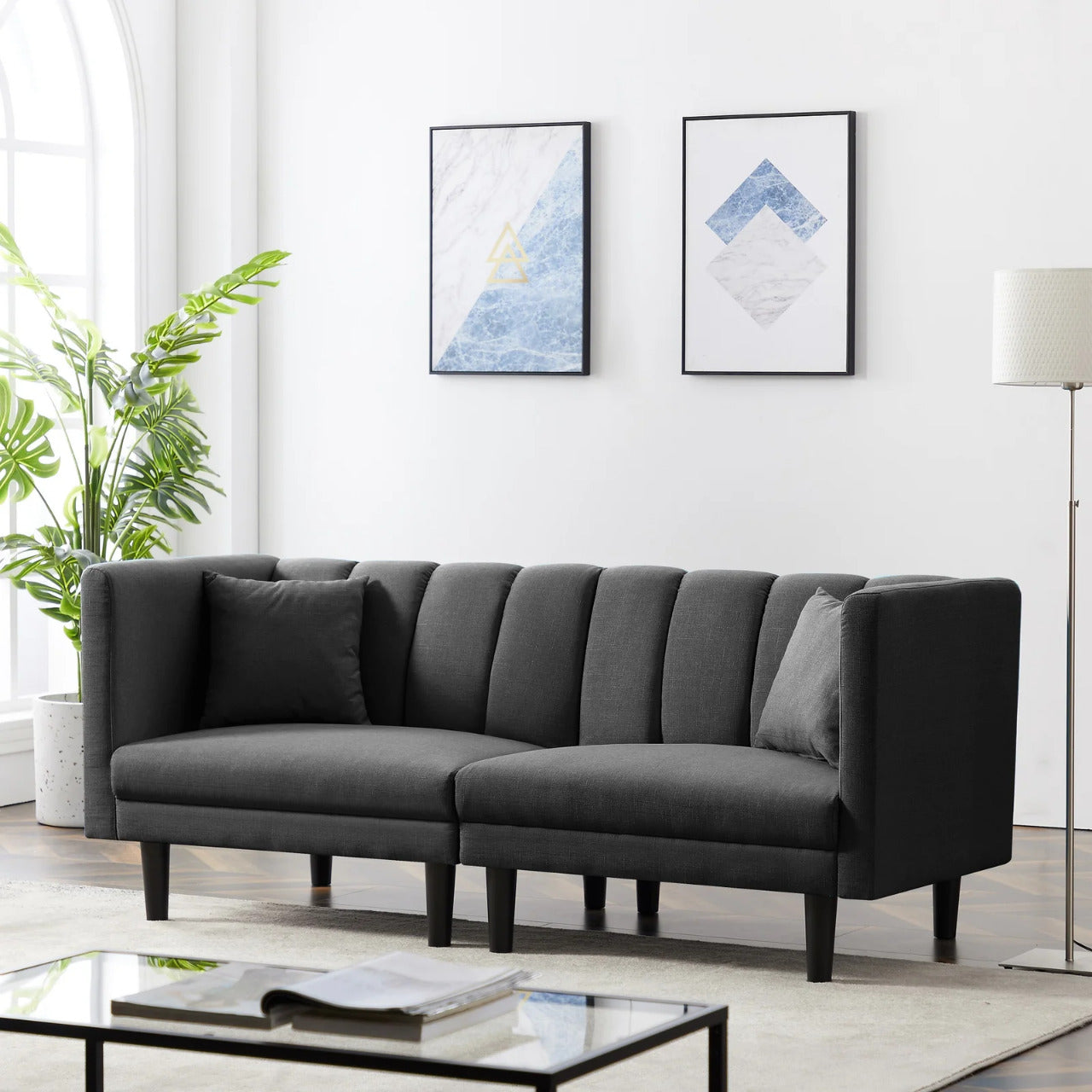 Futon: 73.62'' Velvet Tuxedo Arm Sofa