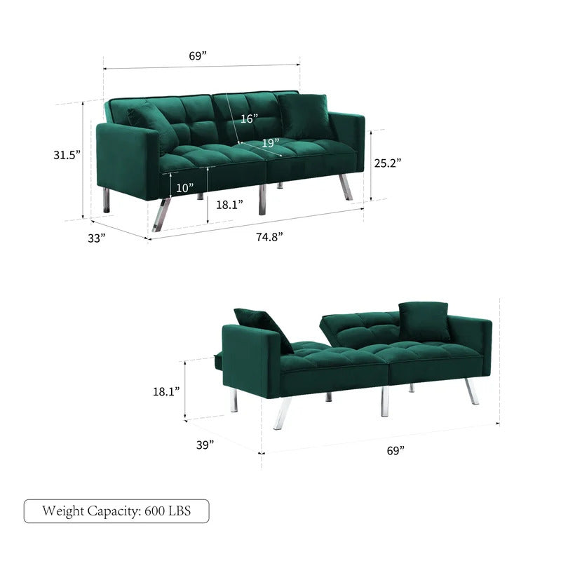 Futon: 74.8'' Wide Velvet Convertible Sofa