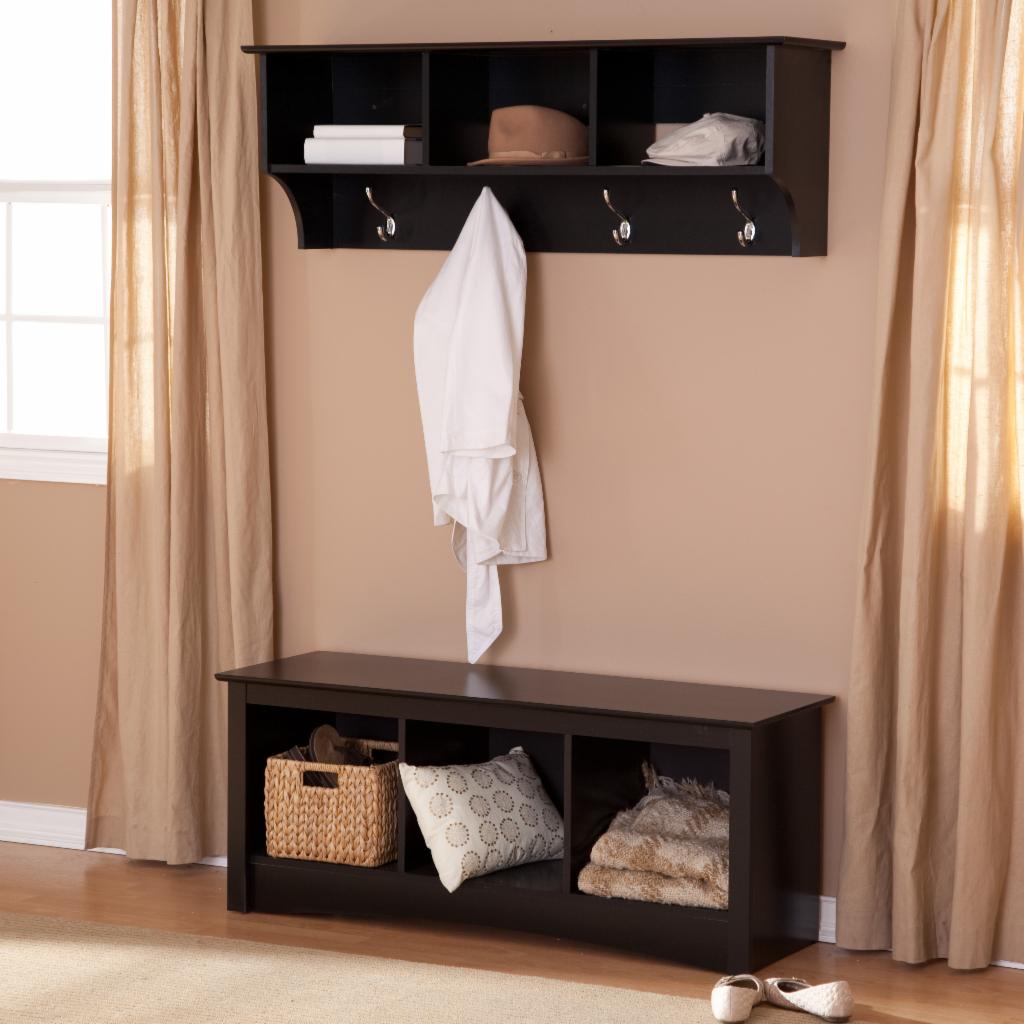 Hall Trees: Black Triple Cubby Bench & Coat Rack Set