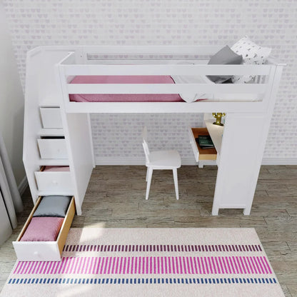 Kids Bed: 4 Drawer Solid Wood Loft Bed with Built-in-Desk