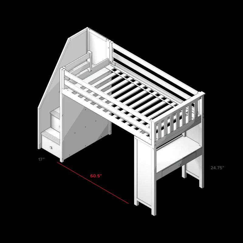 Kids Bed: 4 Drawer Solid Wood Loft Bed with Built-in-Desk