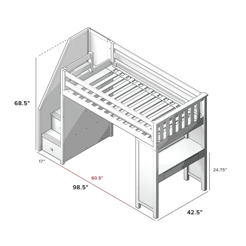 Kids Bed: 4 Drawer Solid Wood Loft Bed with Built-in-Desk