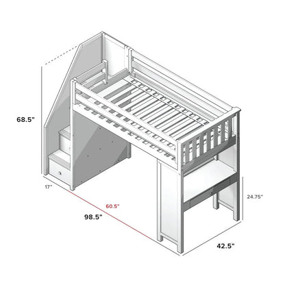 Kids Bed: 4 Drawer Solid Wood Loft Bed with Built-in-Desk