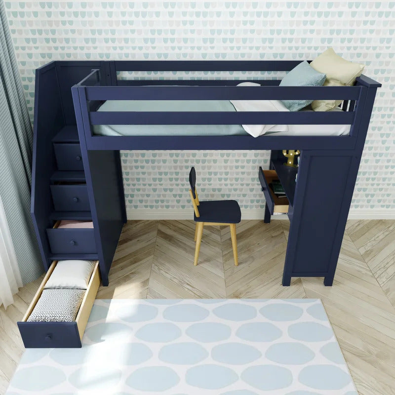 Kids Bed: 4 Drawer Solid Wood Loft Bed with Built-in-Desk