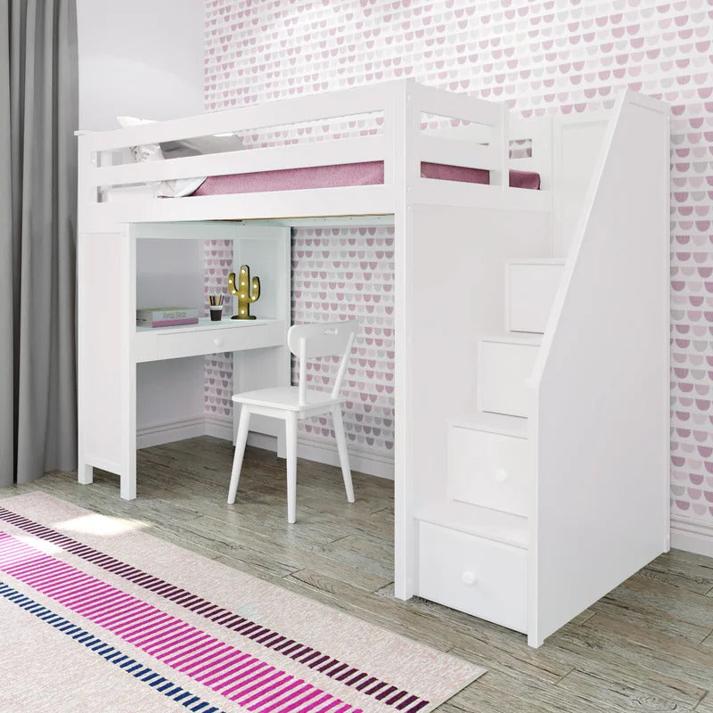 Kids Bed: 4 Drawer Solid Wood Loft Bed with Built-in-Desk