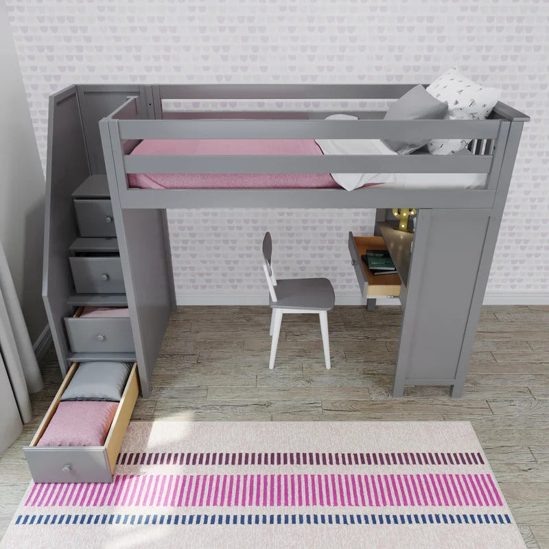 Kids Bed: 4 Drawer Solid Wood Loft Bed with Built-in-Desk