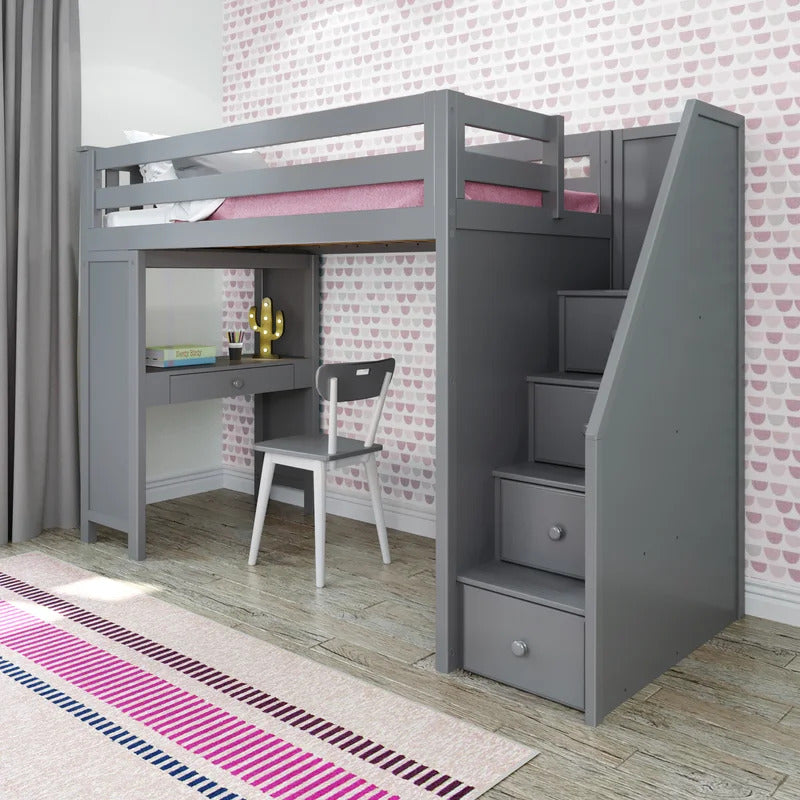 Kids Bed: 4 Drawer Solid Wood Loft Bed with Built-in-Desk