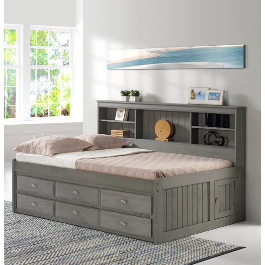 Kids Bed: 6 Drawer Solid Wood Daybed with Bookcase
