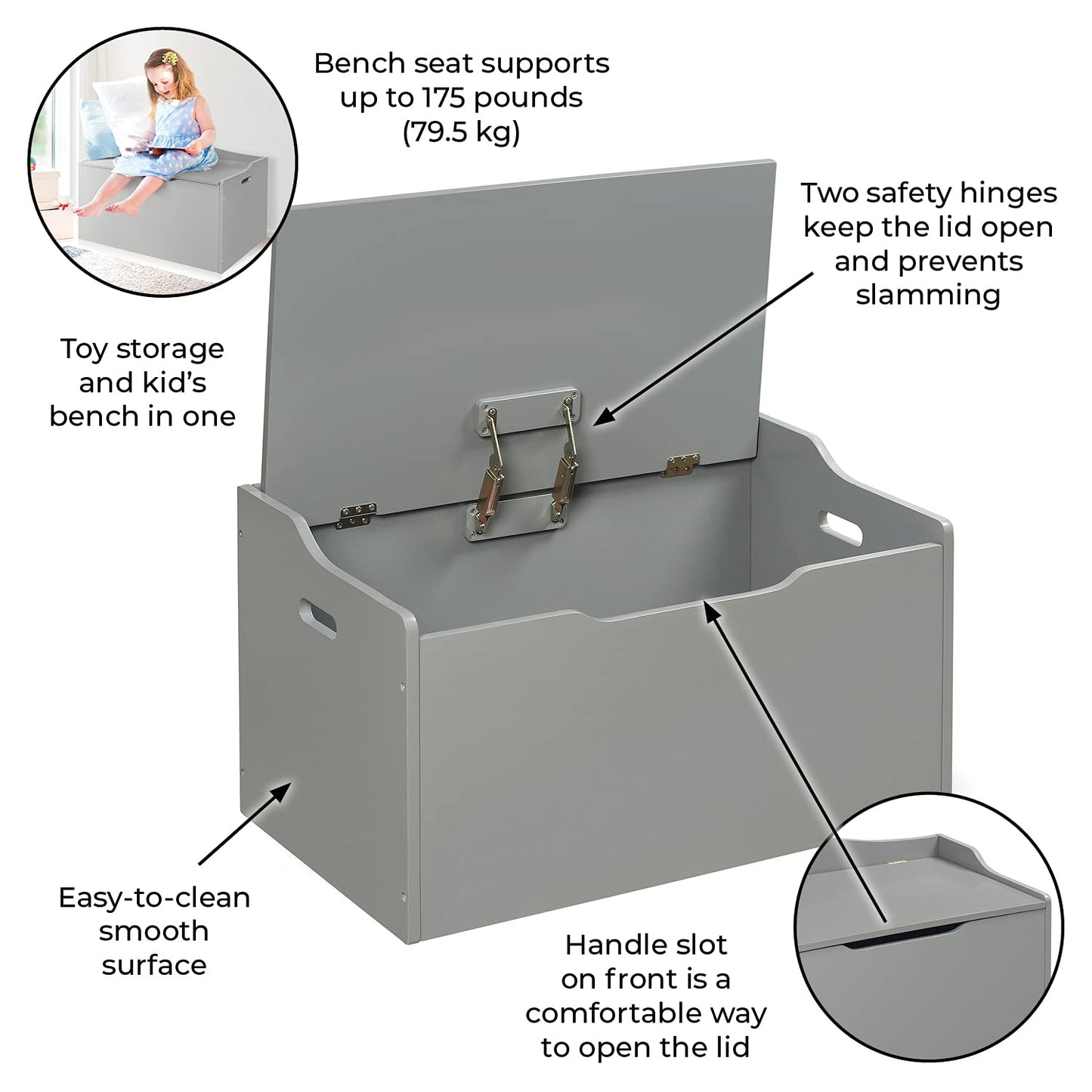 Kids Toy Storage Unit: Basket Gray Bench Top Toy Chest
