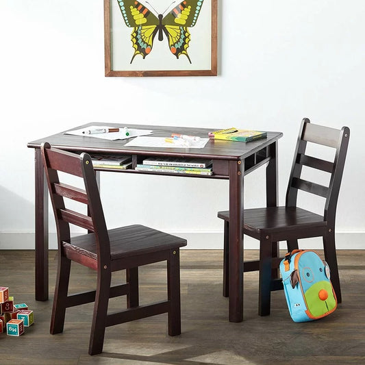 Kids Writing Table: 3 Piece Solid Wood Rectangular Play / Activity Table and Chair Set