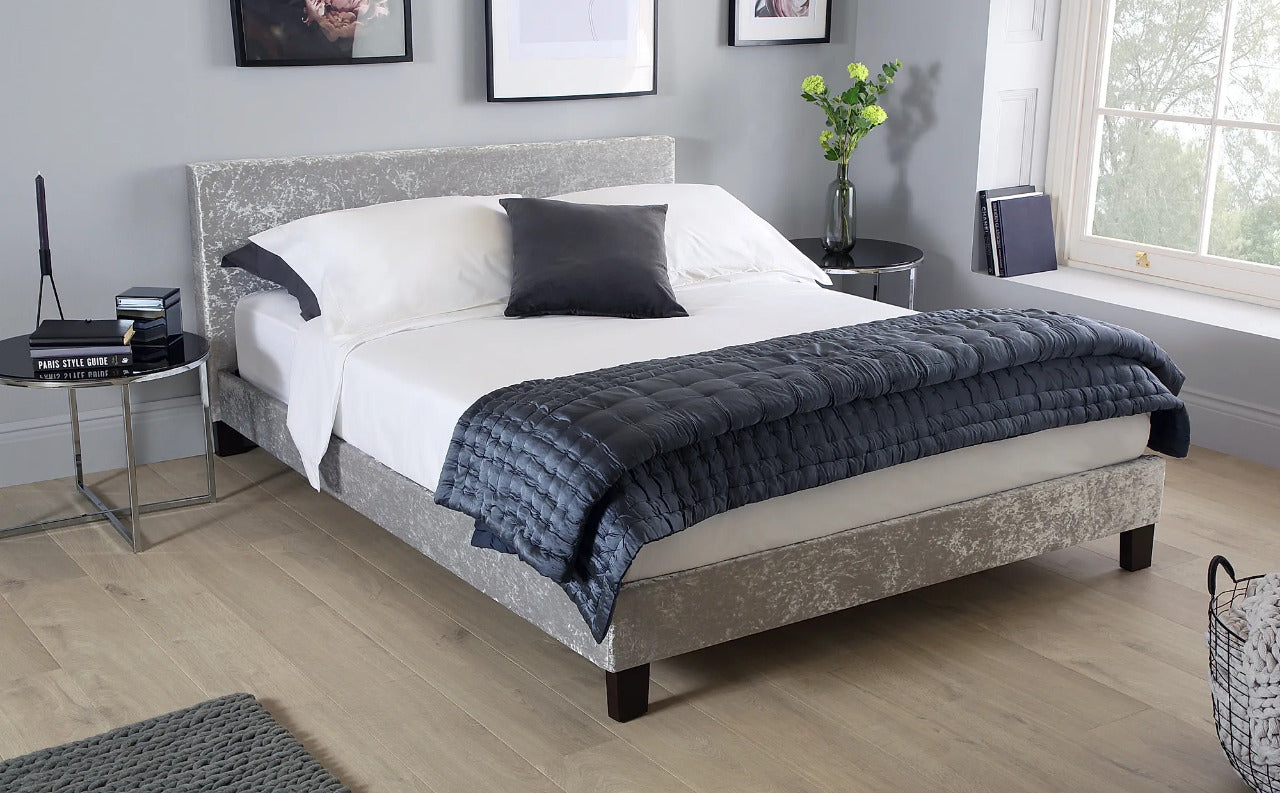 King Size Bed: Berlin Style Silver Crushed Velvet Double Bed