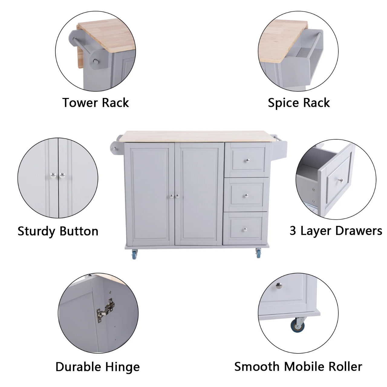 Kitchen Trolley: 44'' with Solid Wood Top and Locking Wheels