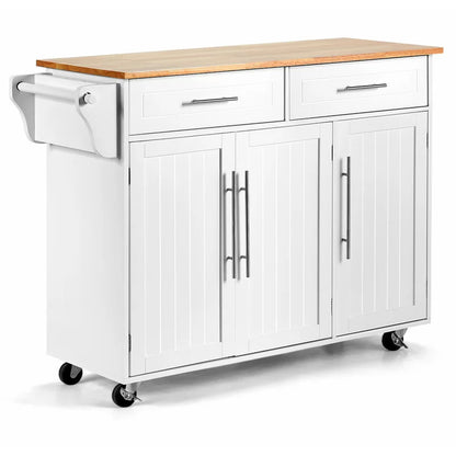 Kitchen Trolley: 48'' Kitchen Cart with Solid Wood Top and Locking Wheels