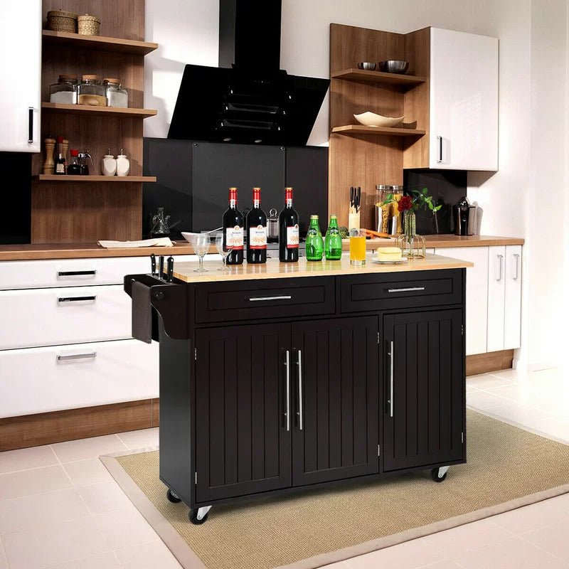 Kitchen Trolley: 48'' Kitchen Cart with Solid Wood Top and Locking Wheels