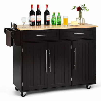Kitchen Trolley: 48'' Kitchen Cart with Solid Wood Top and Locking Wheels