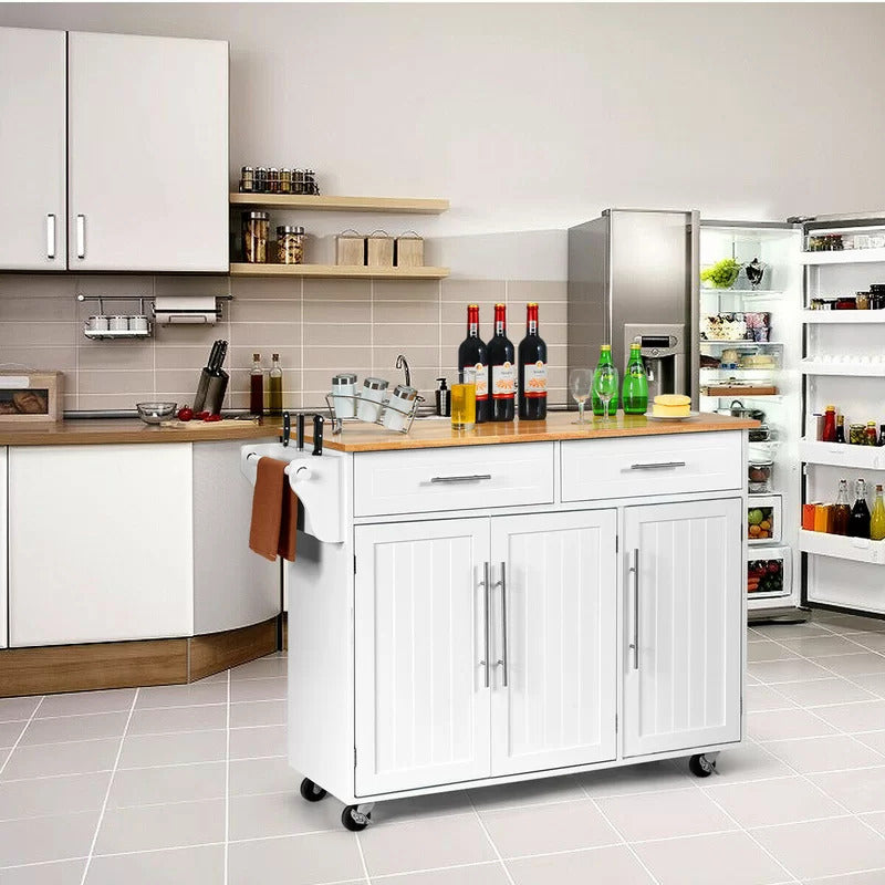 Kitchen Trolley: 48'' Kitchen Cart with Solid Wood Top and Locking Wheels