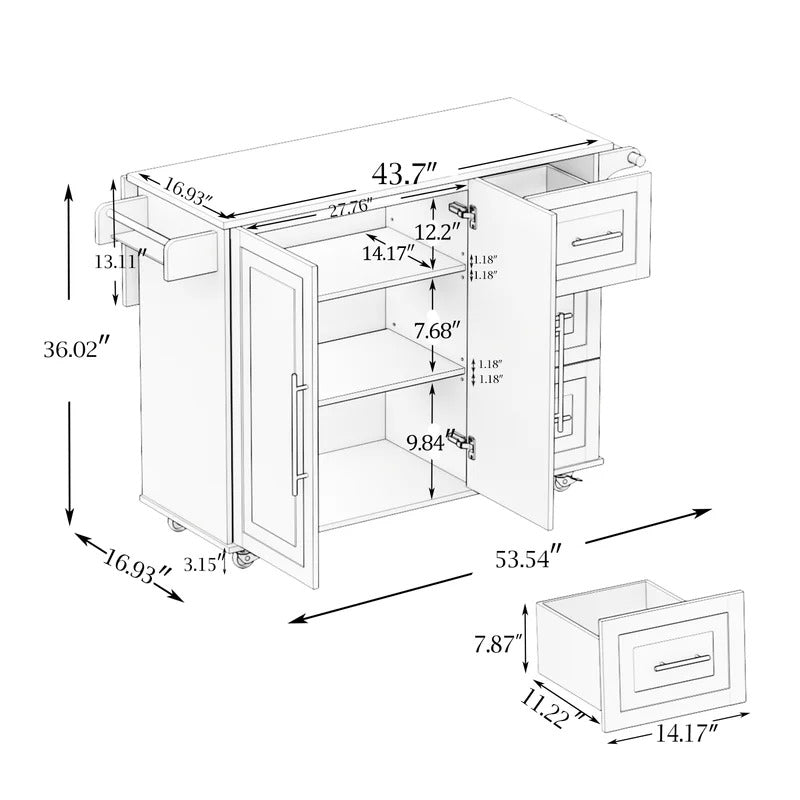 Kitchen Trolley: 53.54'' Kitchen Island with Locking Wheels