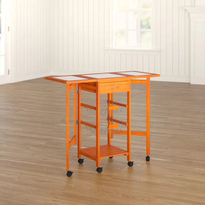 Kitchen Trolley: Solid Wood Kitchen Cart with Tile Top and Locking Wheels