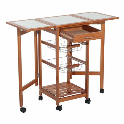 Kitchen Trolley: Solid Wood Kitchen Cart with Tile Top and Locking Wheels