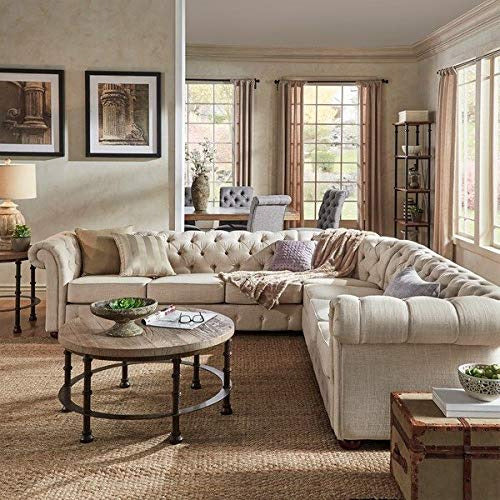 L-Shape Sofa Set:- Chesterfield Fabric Sofa Set (Light Grey)