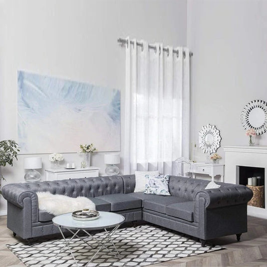 L Shape Sofa Set- Chesterfield Fabric Sofa Set (Light Grey)