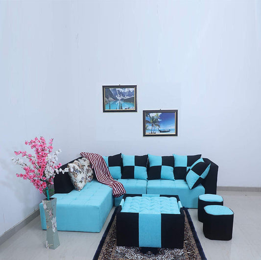 L Shape Sofa Set:- Fine Bone Fabric Sofa Set (Sky Blue & Black)