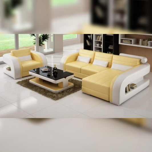 L Shape Sofa Set- Luxury  Modern Leatherette Sofa Set (Yellow and White)